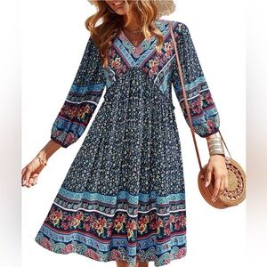 Boho Midi Dress in Navy Floral with V-Neck
